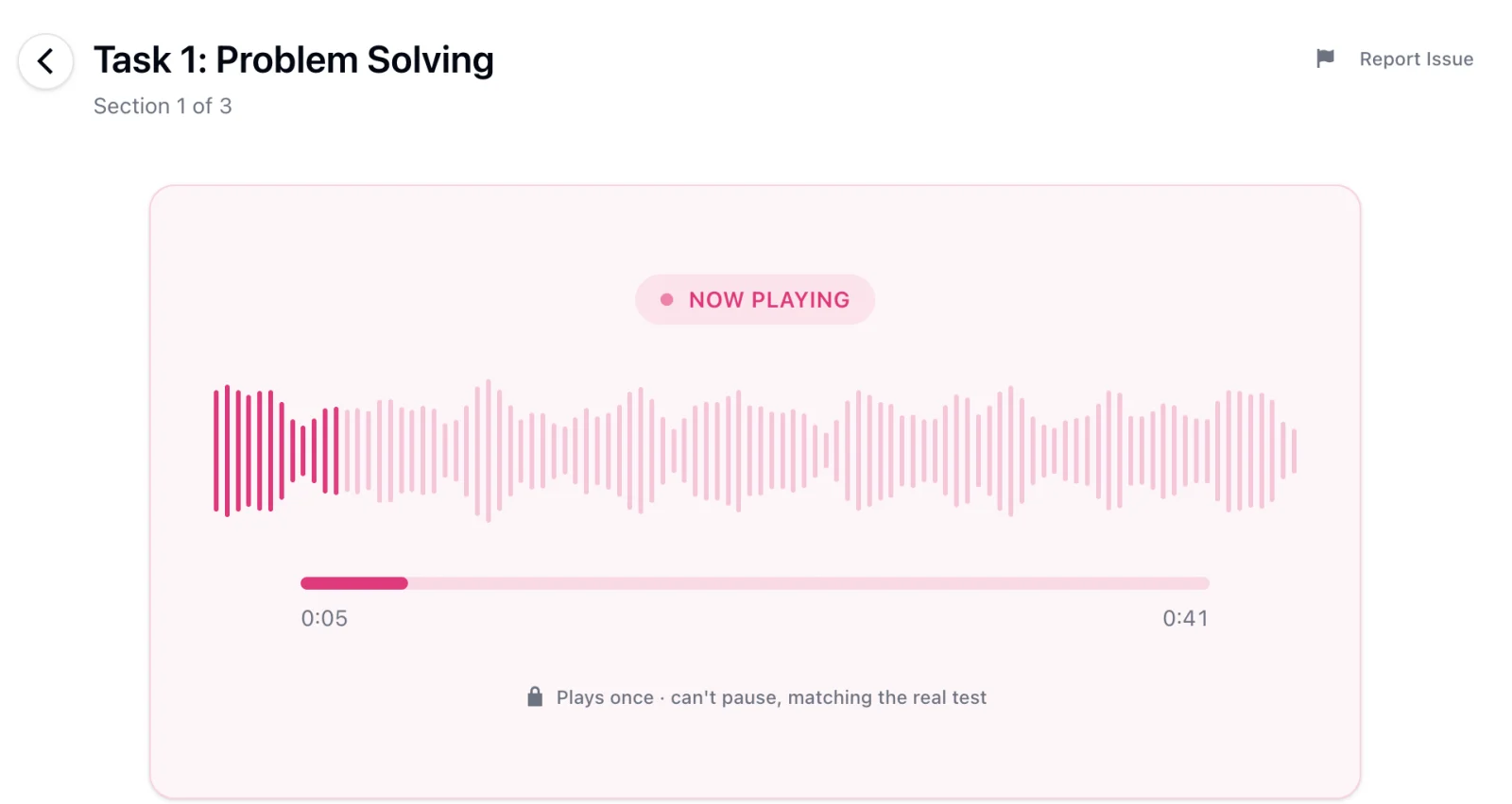 CELPIP Listening Part 1 playing on HelloCelpip: a waveform with a NOW PLAYING label, a progress bar reading 0:05 of 0:41, and a line below it saying the audio plays once and cannot be paused, matching the real test.