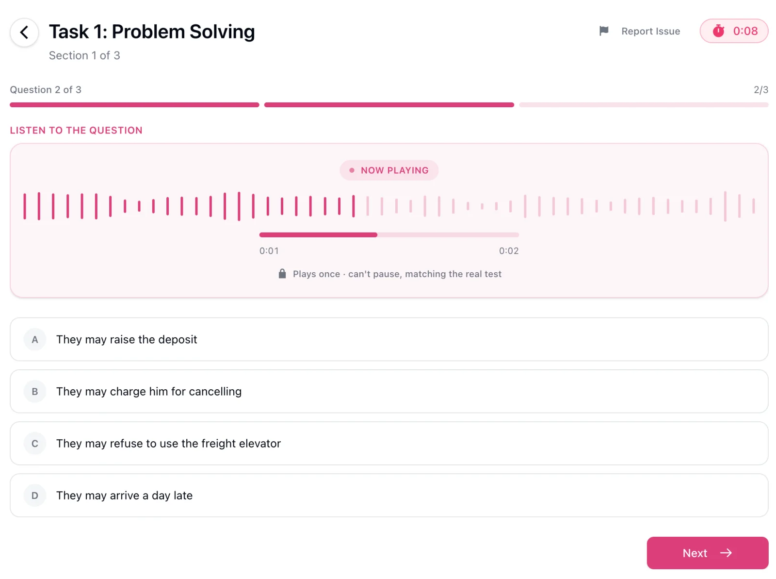 A CELPIP Listening question on HelloCelpip after the audio has ended: a countdown of 8 seconds, a progress bar showing question 2 of 3, the question being read aloud, and four answer options labelled A to D about what the movers may do.
