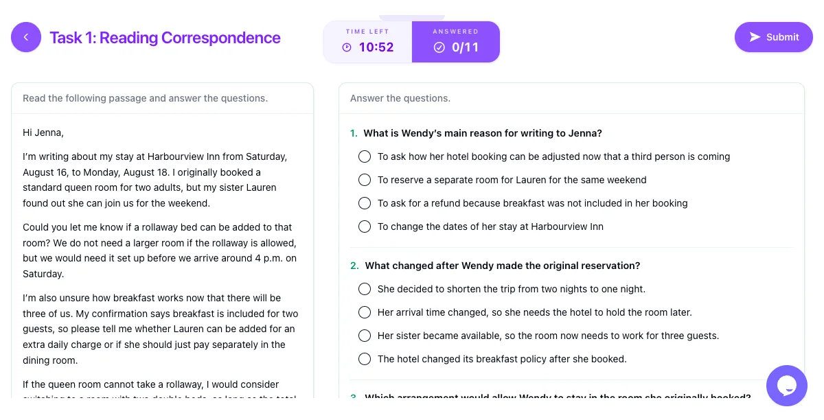 CELPIP Reading Part 1 on HelloCelpip: a personal email on the left and eleven multiple-choice questions on the right, with a timer and an answered counter at the top.