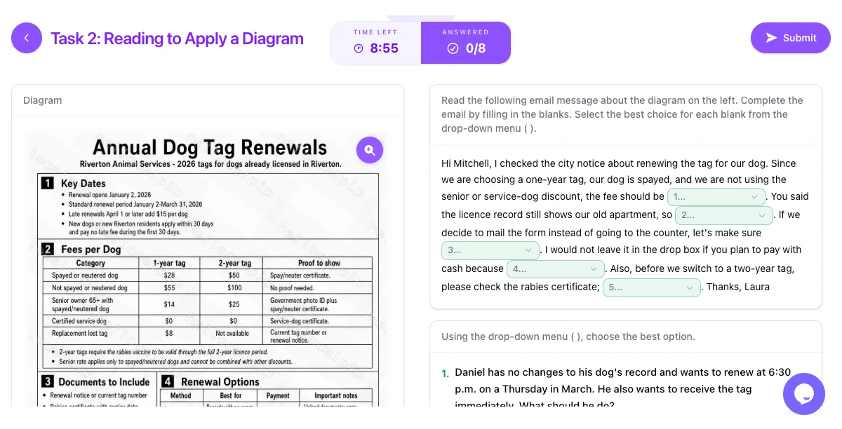 CELPIP Reading Part 2 on HelloCelpip: an information diagram on the left and an email with drop-down blanks plus questions on the right.