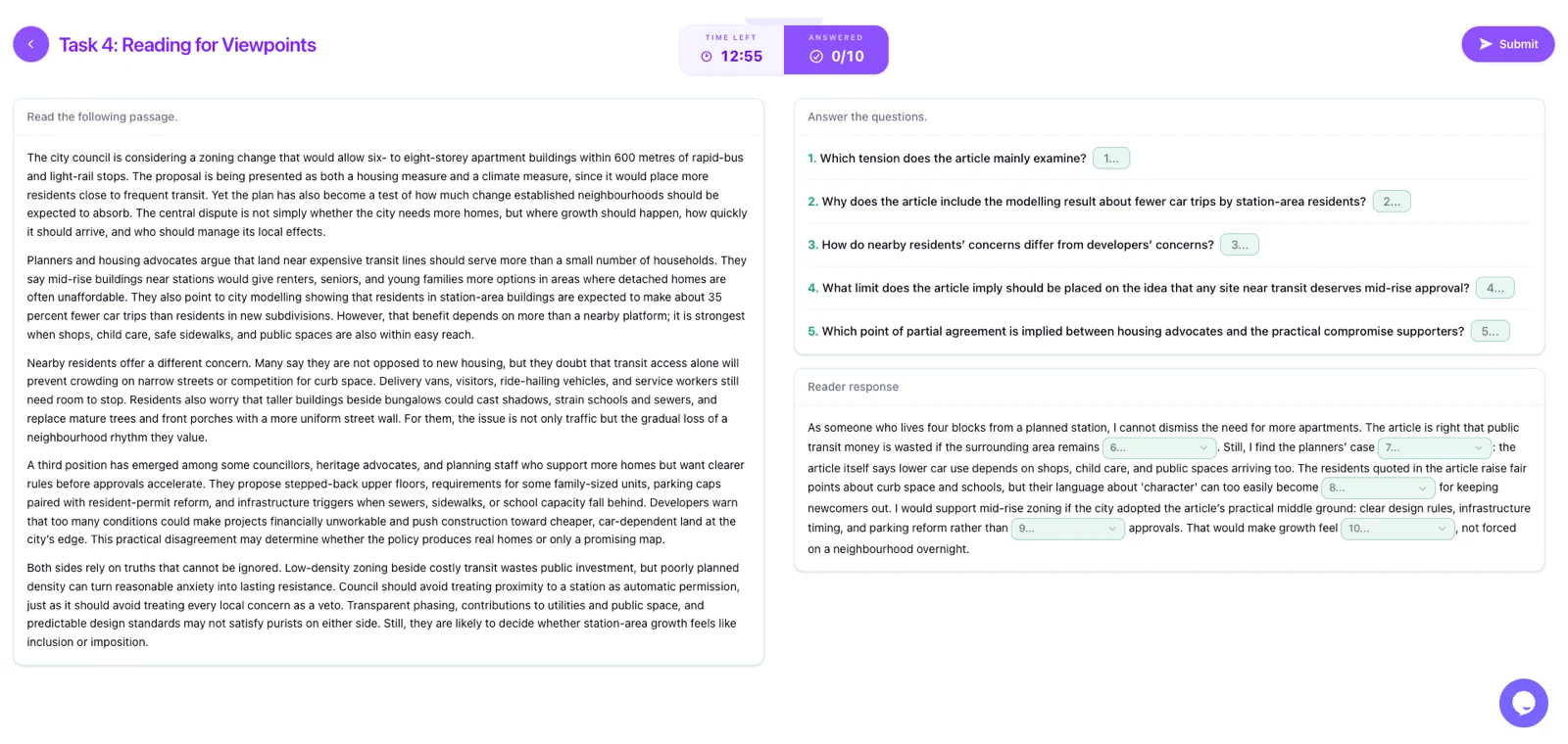 CELPIP Reading Part 4 on HelloCelpip: an opinion article on the left, and questions plus a reader-response fill-in-the-blank on the right.
