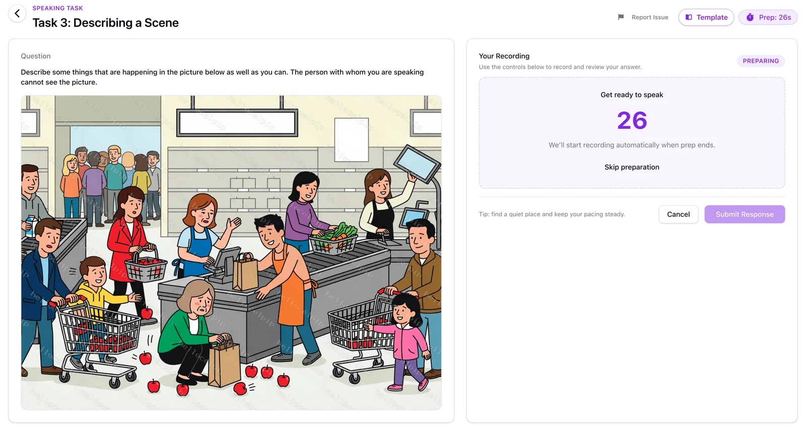 CELPIP Speaking Task 3 on HelloCelpip: an illustrated supermarket checkout on the left, with a queue, a spilled bag of apples on the floor, and staff at the tills. The question asks you to describe what is happening to someone who cannot see the picture. A preparation countdown reads 26 seconds on the right.