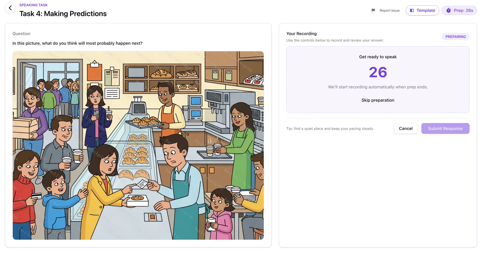CELPIP Speaking Task 4 on HelloCelpip: a busy illustrated bakery, with a queue at the door, a customer in a yellow coat handing a slip of paper across the counter, a small boy reaching up towards the display case, and staff carrying a tray of pastries and a tray of coffees. The question asks what will most probably happen next, beside a preparation countdown.
