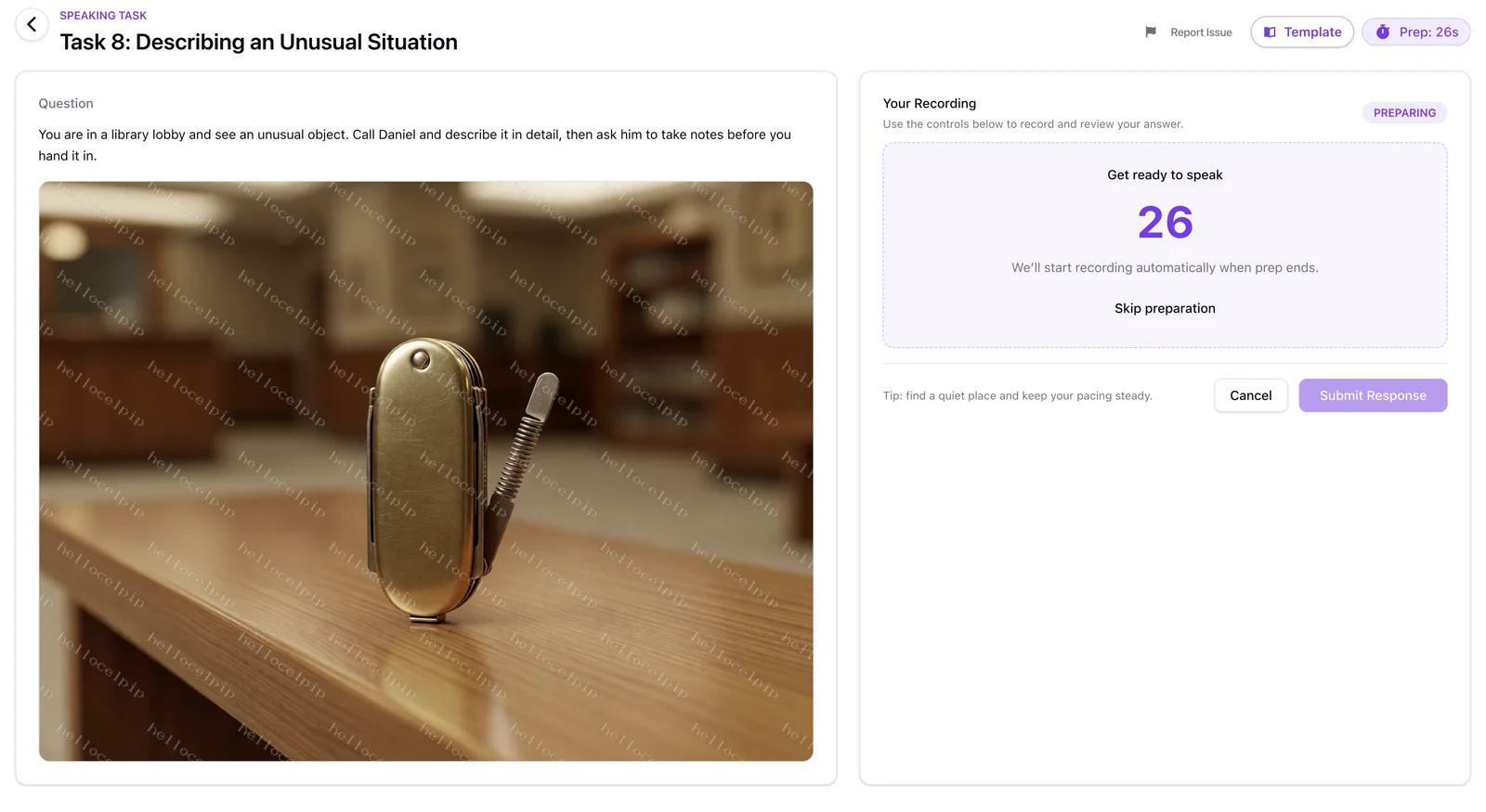 CELPIP Speaking Task 8 on HelloCelpip: a photograph of a small brass object with a hinged lid and a coiled metal arm, standing on a wooden library desk. The question asks you to call Daniel and describe it in detail. A preparation countdown reads 26 seconds on the right.