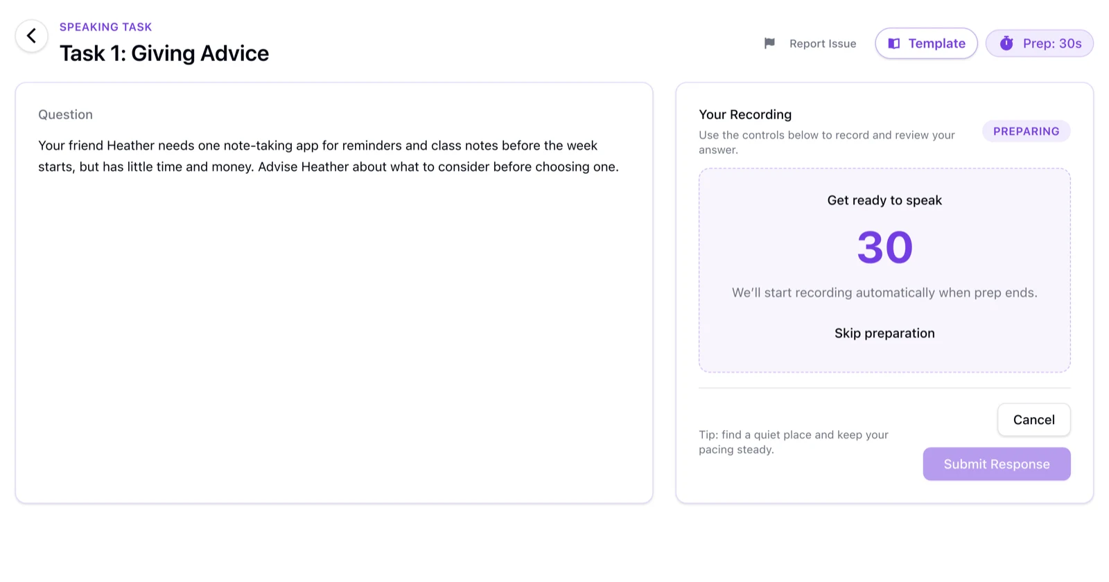 CELPIP Speaking Task 1 on HelloCelpip: the question asking you to advise a friend about choosing a note-taking app on the left, and a 30-second preparation countdown on the right that starts recording automatically when it ends.