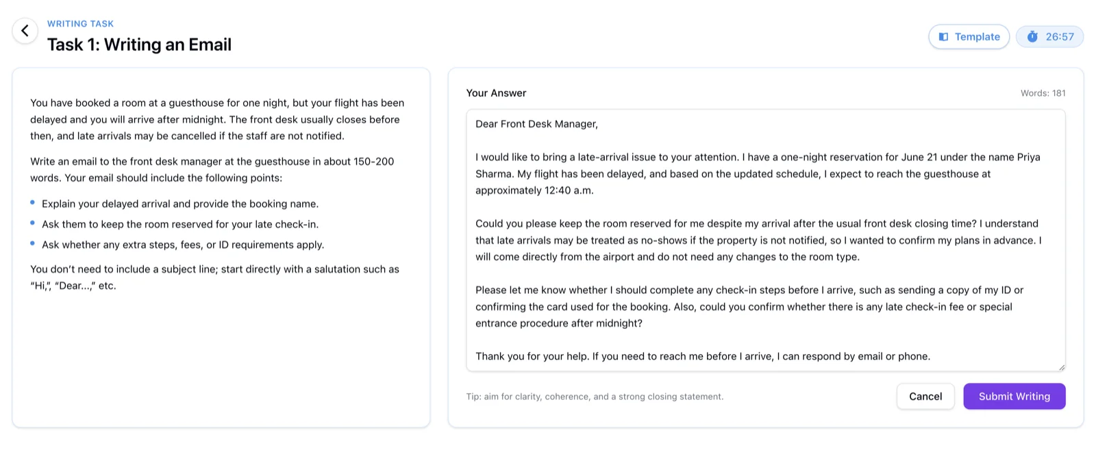 CELPIP Writing Task 1 practice screen: the situation and its three required points on the left, a finished email in the answer box on the right, with a running word count of 181 and a countdown timer showing 26:57.