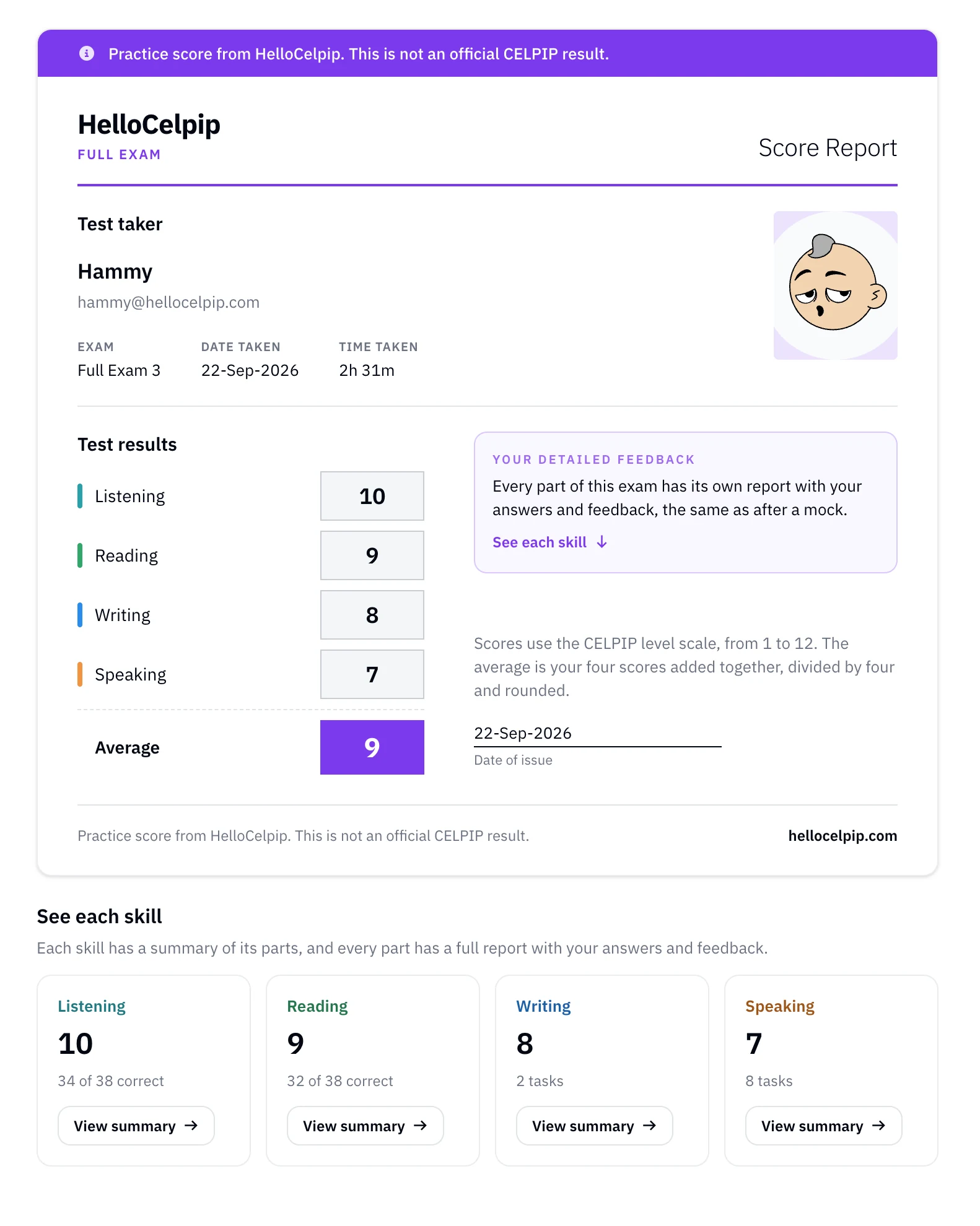 A Full Exam score report: Listening 10, Reading 9, Writing 8, Speaking 7, average 9, with a report for each skill.